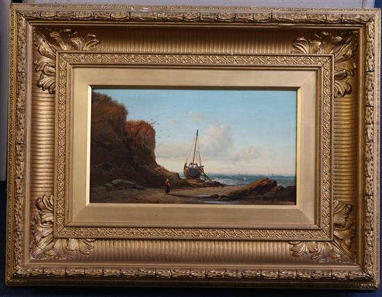 Late 19th century English School Coastal landscape at low tide, 7.5 x 13.5in.